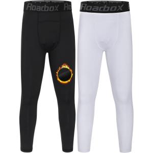 imageRoadbox Kids Fleece Lined Leggings  2 Pack Boys Thermal Tights Youth Sports Basketball Compression Pants for Cold Weather