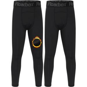 imageRoadbox Kids Fleece Lined Leggings  2 Pack Boys Thermal Tights Youth Sports Basketball Compression Pants for Cold WeatherBlackblack