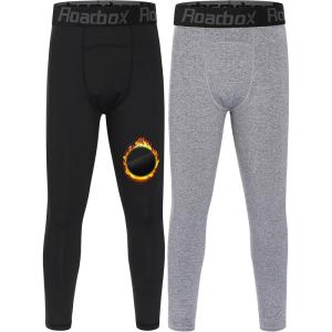imageRoadbox Kids Fleece Lined Leggings  2 Pack Boys Thermal Tights Youth Sports Basketball Compression Pants for Cold WeatherBlackgrey