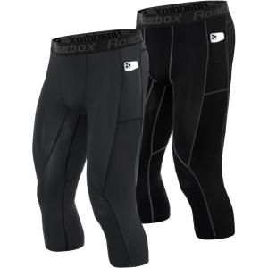 imageRoadbox Mens 34 Compression Pants with Pockets 2 Pack Athletic Running Legging Tights Spandex Base Layer Workout Basketball Gym
