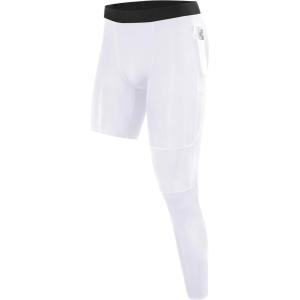 imageRoadbox Mens Basketball One Leg Tights 12 Single Leg Compression Pants Sports Base Layer Leggings Underwear with Pockets