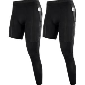 imageRoadbox Mens Basketball One Leg Tights 12 Single Leg Compression Pants Sports Base Layer Leggings Underwear with PocketsLeft Single Blackblack