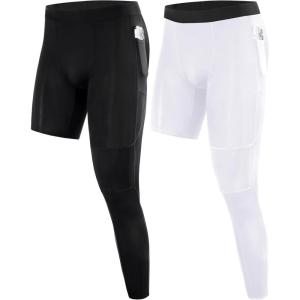 imageRoadbox Mens Basketball One Leg Tights 12 Single Leg Compression Pants Sports Base Layer Leggings Underwear with PocketsLeft Single Blackwhite