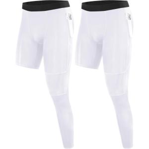 imageRoadbox Mens Basketball One Leg Tights 12 Single Leg Compression Pants Sports Base Layer Leggings Underwear with PocketsLeft Single Whitewhite