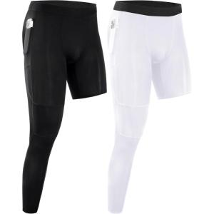 imageRoadbox Mens Basketball One Leg Tights 12 Single Leg Compression Pants Sports Base Layer Leggings Underwear with PocketsRight Single Blackwhite