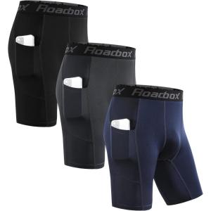 imageRoadbox Mens Compression Shorts with Pockets 3 Pack 9 Performance Running Base Layer for Workout Sports UnderwearBlack gray navy Blue