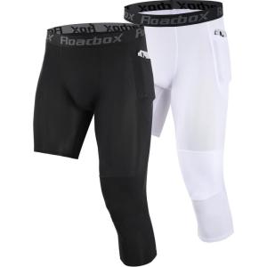 imageRoadbox Mens One Leg Compression Pants 34 Basketball Football Tights Leggings with Pockets Capri Sports Athletic UnderwearLeft Single Blackwhite