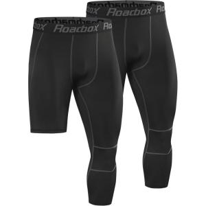 imageRoadbox Mens One Leg Compression Pants Tights 1 or 2 Pack 34 Basketball Leggings Capri Athletic Sports Base LayerLeft Single Blackblack
