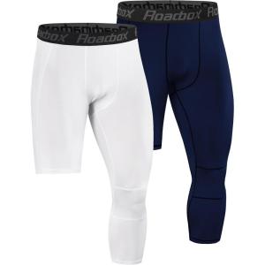 imageRoadbox Mens One Leg Compression Pants Tights 1 or 2 Pack 34 Basketball Leggings Capri Athletic Sports Base LayerLeft Single Blacknavy