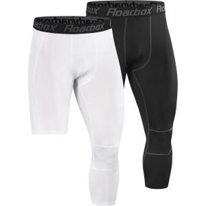 imageRoadbox Mens One Leg Compression Pants Tights 1 or 2 Pack 34 Basketball Leggings Capri Athletic Sports Base LayerLeft Single Blackwhite