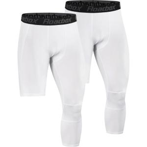 imageRoadbox Mens One Leg Compression Pants Tights 1 or 2 Pack 34 Basketball Leggings Capri Athletic Sports Base LayerLeft Single Whitewhite