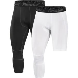 imageRoadbox Mens One Leg Compression Pants Tights 1 or 2 Pack 34 Basketball Leggings Capri Athletic Sports Base LayerRight Single Blackwhite