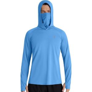 imageRoadbox Mens UPF 50 Hooded Fishing Shirts Long Sleeve Sun Protection Hoodie Hiking Running Swimming Rash Guard with MaskMedium Blue