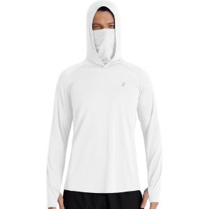 imageRoadbox Mens UPF 50 Hooded Fishing Shirts Long Sleeve Sun Protection Hoodie Hiking Running Swimming Rash Guard with MaskWhite