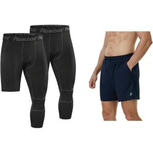 imageRoadbox Size L Basketball Sports Pants Set Mens 34 One Leg Compression Pants and 5 Inch Athletic Shorts