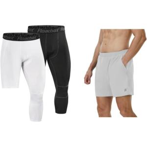 imageRoadbox Size M Basketball Sports Pants Set Mens 34 One Leg Compression Pants and 5 Inch Athletic Shorts