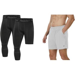 imageRoadbox Size S Basketball Sports Pants Set Mens 34 One Leg Compression Pants and 5 Inch Athletic Shorts