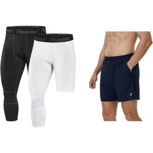 imageRoadbox Size XL Basketball Sports Pants Set Mens 34 One Leg Compression Pants and 5 Inch Athletic Shorts