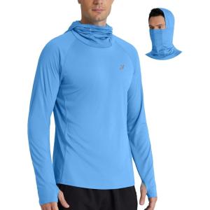 imageRoadbox UPF 50 Mens Hooded Fishing Shirts Long Sleeve UV Sun Protection Hoodie Hiking Running Swim Rash Guard with MaskMedium Blue