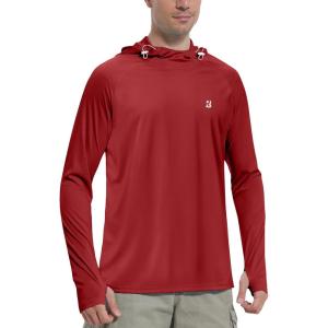 imageRoadbox UPF 50 Sun Protection Hoodie Shirt Outdoor Fishing SPF UV Long Sleeve Shirts Quick Dry Hiking Running Rash GuardBrick Red