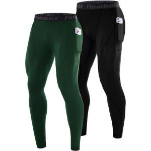 imageRoadbox 2 Pack Mens Compression Pants Quick Dry Running Tights Leggings with Pockets Athletic Base Layer for Workout GymBlackdark Green