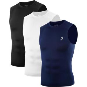 imageRoadbox 3 Pack Mens Sleeveless Compression Shirt Cool Dry Athletic Workout Tank Top Sports Running Gym Base Layer Shirts3 Pack Navy  White  Black