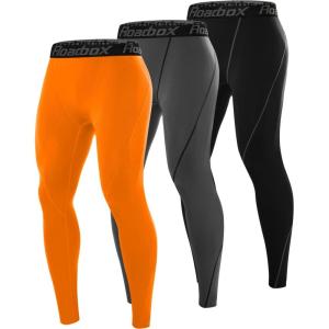 imageRoadbox 3 Pack Compression Pants Men Performance Running Workout Sports Leggings Gym Basketball Athletic Tights Base Layer3packblackgrayorange