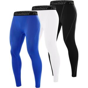 imageRoadbox 3 Pack Compression Pants Men Performance Running Workout Sports Leggings Gym Basketball Athletic Tights Base Layer3packblackwhiteblue