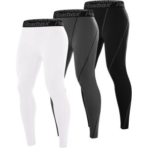 imageRoadbox 3 Pack Compression Pants Men Performance Running Workout Sports Leggings Gym Basketball Athletic Tights Base Layer3packblackwhitegray