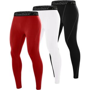 imageRoadbox 3 Pack Compression Pants Men Performance Running Workout Sports Leggings Gym Basketball Athletic Tights Base Layer3packblackwhitered