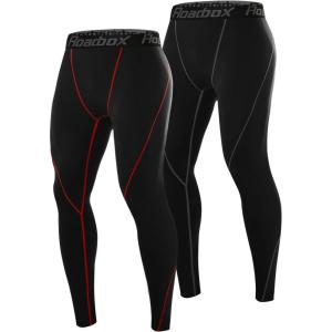 imageRoadbox 2 Pack Mens Compression Pants Quick Dry Running Tights Workout Leggings Athletic Base Layer for Gym Football YogaBlackblackred