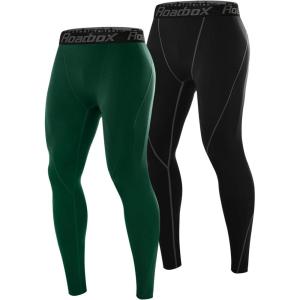imageRoadbox 2 Pack Mens Compression Pants Quick Dry Running Tights Workout Leggings Athletic Base Layer for Gym Football YogaBlackdark Green