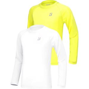 imageRoadbox Boys UPF 50 Rash Guard Swim Shirt 1 or 2 Pack Sun Protection Long Sleeve Shirts Kids UV Rashguard for Beach Surf2 Pack Fluorescent Yellowwhite