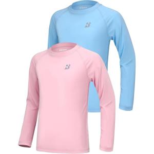imageRoadbox Boys UPF 50 Rash Guard Swim Shirt 1 or 2 Pack Sun Protection Long Sleeve Shirts Kids UV Rashguard for Beach Surf2 Pack Light Bluelight Pink