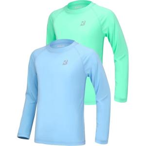 imageRoadbox Boys UPF 50 Rash Guard Swim Shirt 1 or 2 Pack Sun Protection Long Sleeve Shirts Kids UV Rashguard for Beach Surf2 Pack Light Bluemint Green