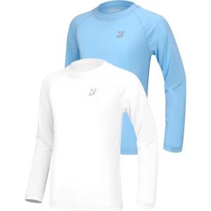 imageRoadbox Boys UPF 50 Rash Guard Swim Shirt 1 or 2 Pack Sun Protection Long Sleeve Shirts Kids UV Rashguard for Beach Surf2 Pack Light Bluewhite