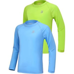 imageRoadbox Boys UPF 50 Rash Guard Swim Shirt 1 or 2 Pack Sun Protection Long Sleeve Shirts Kids UV Rashguard for Beach Surf2 Pack Medium Bluelime Green