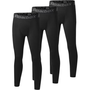 imageRoadbox Youth Boys Thermal Compression Pants Fleece Lind Base Layer Sports Leggings Athletic Tights for Cold Weather3 Pack Blackblackblack