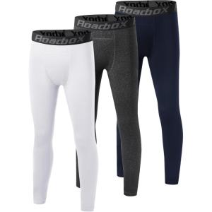 imageRoadbox Youth Boys Thermal Compression Pants Fleece Lind Base Layer Sports Leggings Athletic Tights for Cold Weather3 Pack Navy Bluefloral Graywhite