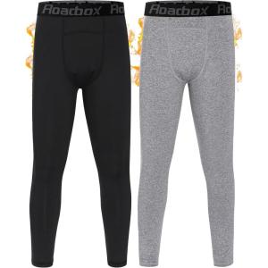 imageRoadbox Boys Thermal Pants 2 Pack Kids Fleece Lined Leggings Youth Sports Baseball Hockey Compression Tights Cold WeatherBlackgrey