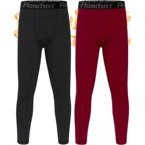 imageRoadbox Boys Thermal Pants 2 Pack Kids Fleece Lined Leggings Youth Sports Baseball Hockey Compression Tights Cold WeatherBlackred