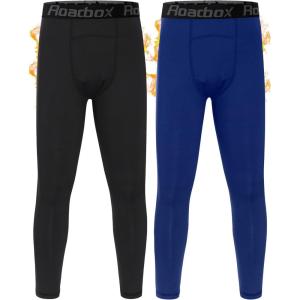 imageRoadbox Boys Thermal Pants 2 Pack Kids Fleece Lined Leggings Youth Sports Baseball Hockey Compression Tights Cold WeatherBlackroyal Blue