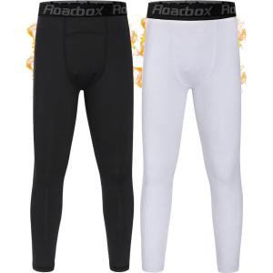 imageRoadbox Boys Thermal Pants 2 Pack Kids Fleece Lined Leggings Youth Sports Baseball Hockey Compression Tights Cold WeatherBlackwhite