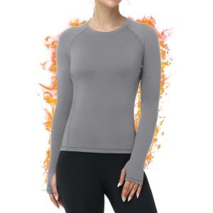 imageRoadbox Women Thermal Shirts Warm Long Sleeve Fleece Lined Underwear Tops Winter Ski Workout Base Layer for Cold WeatherLight Gray
