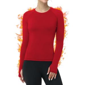 imageRoadbox Women Thermal Shirts Warm Long Sleeve Fleece Lined Underwear Tops Winter Ski Workout Base Layer for Cold WeatherRed