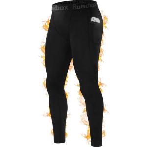 imageRoadbox Mens Thermal Compression Pants Fleece Lined Running Tights with Pockets Ski Leggings Athletic Base Layer BottomsBlack