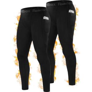 imageRoadbox Mens Thermal Compression Pants Fleece Lined Running Tights with Pockets Ski Leggings Athletic Base Layer BottomsBlackblack