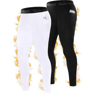 imageRoadbox Mens Thermal Compression Pants Fleece Lined Running Tights with Pockets Ski Leggings Athletic Base Layer BottomsBlackwhite