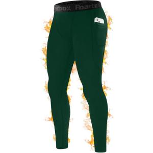 imageRoadbox Mens Thermal Compression Pants Fleece Lined Running Tights with Pockets Ski Leggings Athletic Base Layer BottomsDark Green