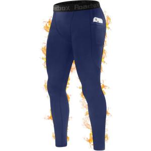 imageRoadbox Mens Thermal Compression Pants Fleece Lined Running Tights with Pockets Ski Leggings Athletic Base Layer BottomsNavy Blue